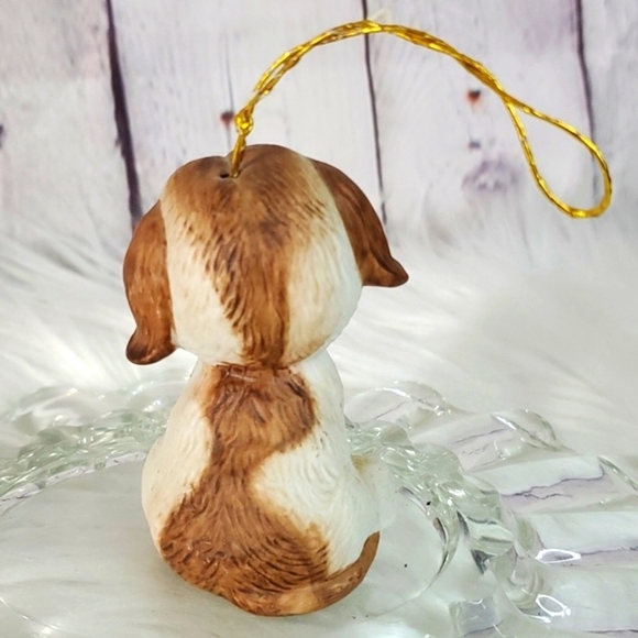 Vintage Ceramic Puppy Dog Pup Christmas Kitschy Holiday Ornament Bell Brown Wht - Picture 7 of 13